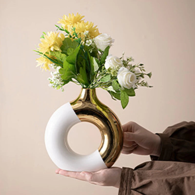Ceramic Flower Vases For Living Room Luxury Nordic Plant Pot,Dinning Table Hotel Home Decoration,Wedding Festival Artwork Golden