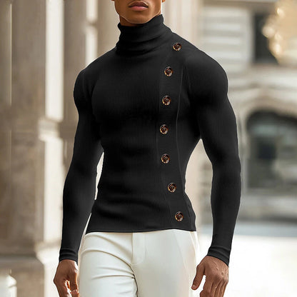 Stretch Slim Fit Bottoming T Shirts Mens Spring Trendy Irregular Button Design T-shirts Fashion Solid Color Men Turtleneck Tees
