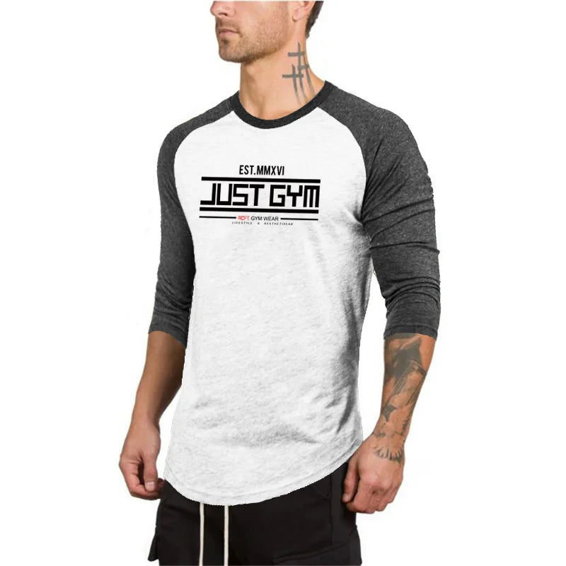 Men Slim Fit Sport Casual Sport T-shirts Gym Fitness Muscle Three Quarter Shirts Autumn Breathable Cotton Bodybuilding Clothing