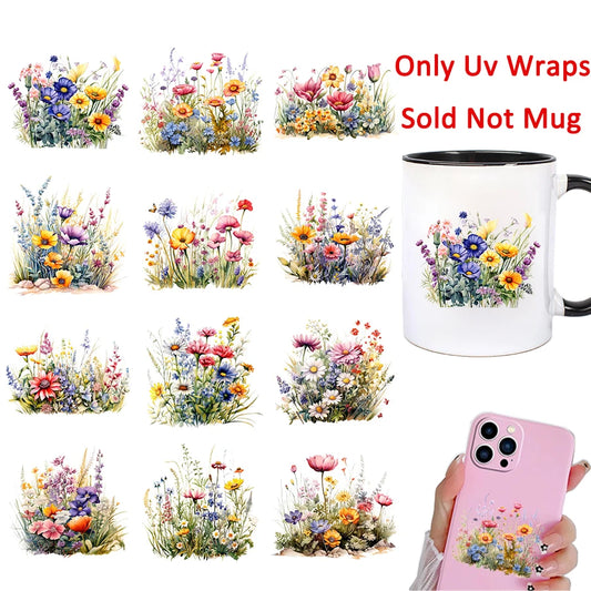 12pcs Spring Wildflower Flower Floral UV DTF Cup Wrap Transfer Sticker Glass Coffee Mugs Decoration Greeting Cards Notebooks