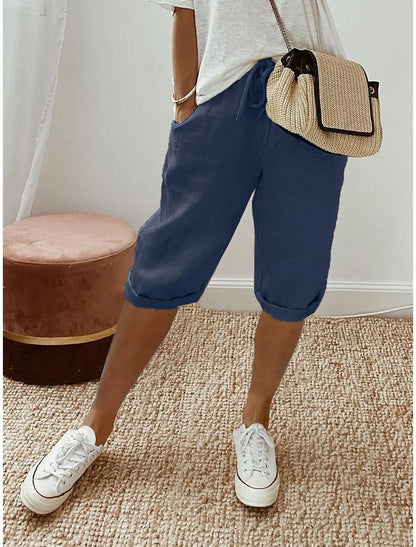 Shorts Women summer cotton linen elastic waist pocket elastic casual pants five quarter women's clothing YRW911