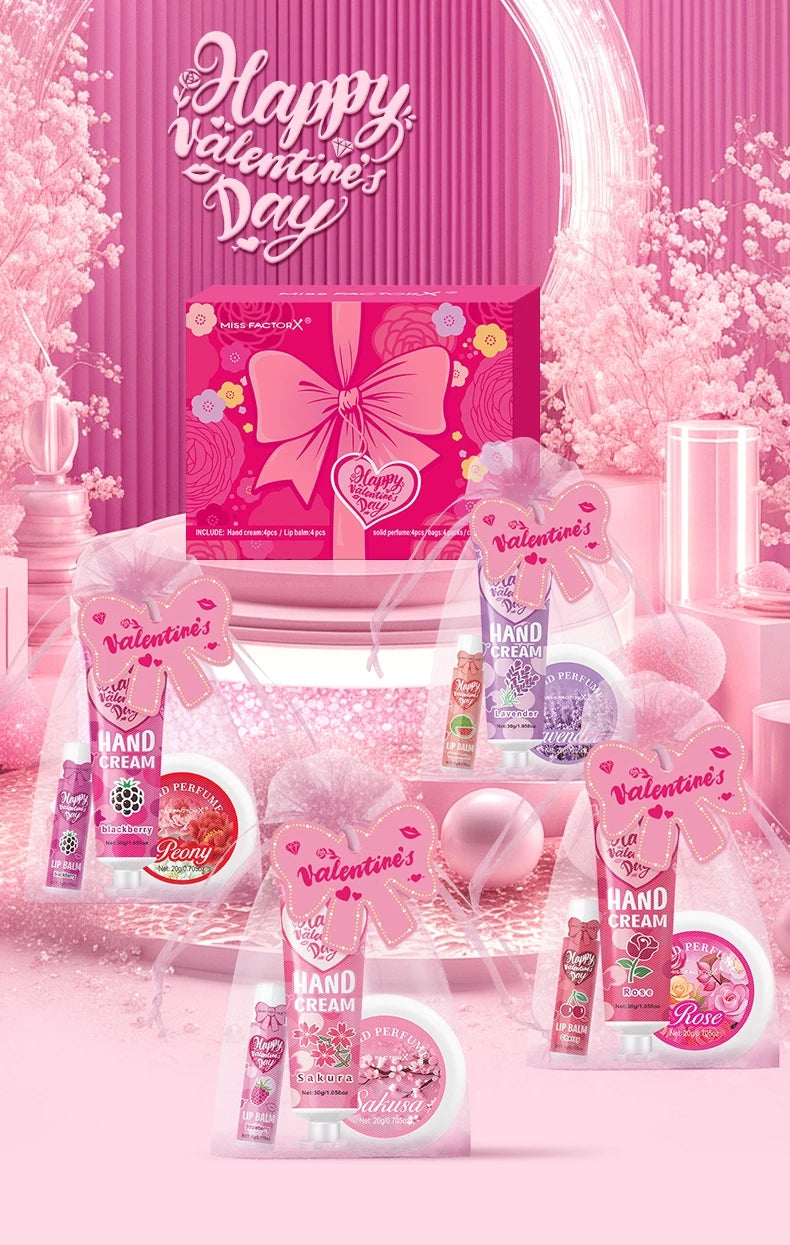 Gift sets 20PCS/box bulk thank you gifts assembly distribution lip balm hand cream perfume pink gift bag and bow card
