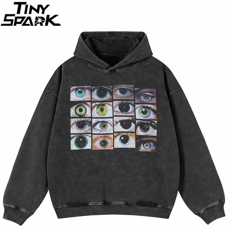 2026 Hip Hop Oversized Hoodie Sweatshirt Men Streetwear Eyes World Graphic Washed Black Hooded Pullover Cotton Hipster
