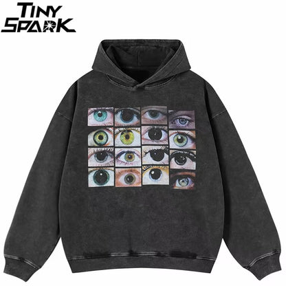 2026 Hip Hop Oversized Hoodie Sweatshirt Men Streetwear Eyes World Graphic Washed Black Hooded Pullover Cotton Hipster
