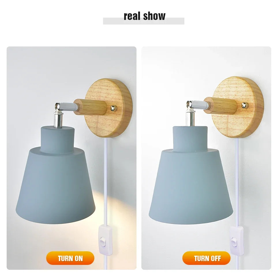 Nordic Wall Light Indoor DIY E27 Wooden 6 Colors EU/UL Plug 350° Wall Lamps for Living Room Bedroom Aisle Sconce Fixtures
