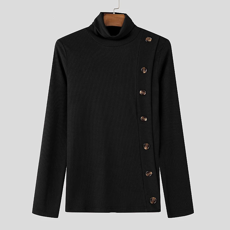 Stretch Slim Fit Bottoming T Shirts Mens Spring Trendy Irregular Button Design T-shirts Fashion Solid Color Men Turtleneck Tees