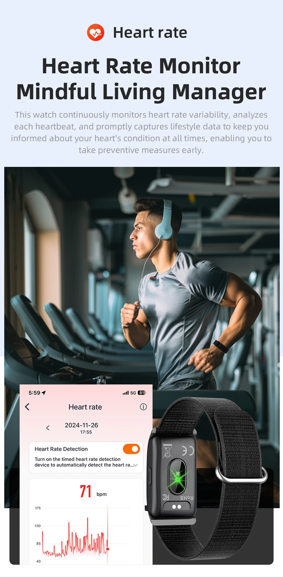 2026 Fitness Tracker Smart Bracelet Pedometer No Screen Breathable Sport Wristband Call Reminder Heart Rate Monitor Smartwatch