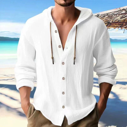 Men's Linen Shirt Solid Streetwear Long Sleeve Hoodie Cardigan Clothing For Men Button Tops Casual Loose Men Hooded Shirt