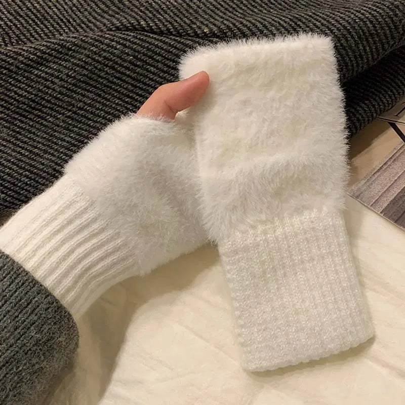 Autumn Winter Soft Mink Fleece Half Finger Gloves Women Plush Knitted Fingerless Gloves Wrist Mittens Driving Writting Gloves