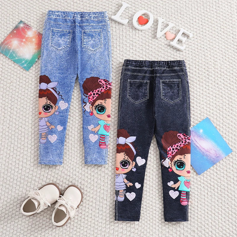 Clearance_Girls' 2pcs Cute Heart & Character Print Soft Knit Leggings - Mock Denim Style - Comfy Summer Outfit_Continuous update