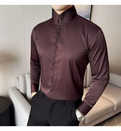 Mens Slim Fit Stand Shirt Fashion High collar Shirts Men Spring Autumn Solid Color Long Sleeve Korean Style Smart Casual Shirts