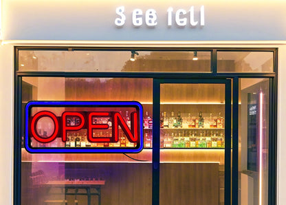LED neon lights, store business signs, blue flashing lights, OPEN signs for shops and bars