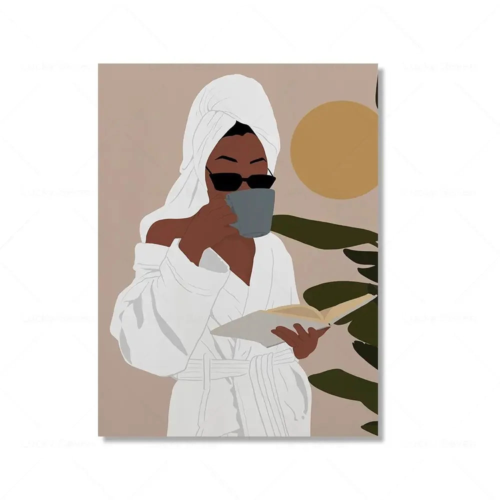 Wall Art Canvas Painting Fashion Black Girl African Woman Reading Posters Coffee Prints Home Wall Picture Living Room Decorat
