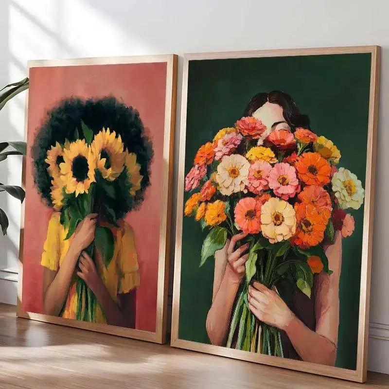 Canvas Wall Art Woman with Flower Portrait Painting Print for Bedroom Nordic Girl Home Decor Abstract Minimalism Poster