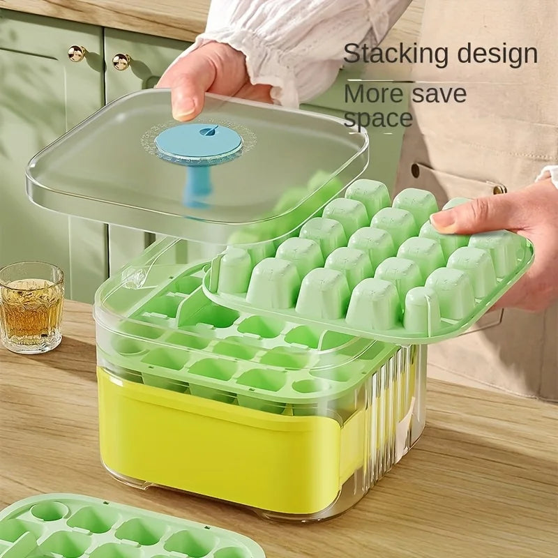 Compact Double Layer Ice Cube Tray with Lid and Bin, Pull-Out Ice Drawer with Portable Handle, Kitchen Accessories, Gadgets