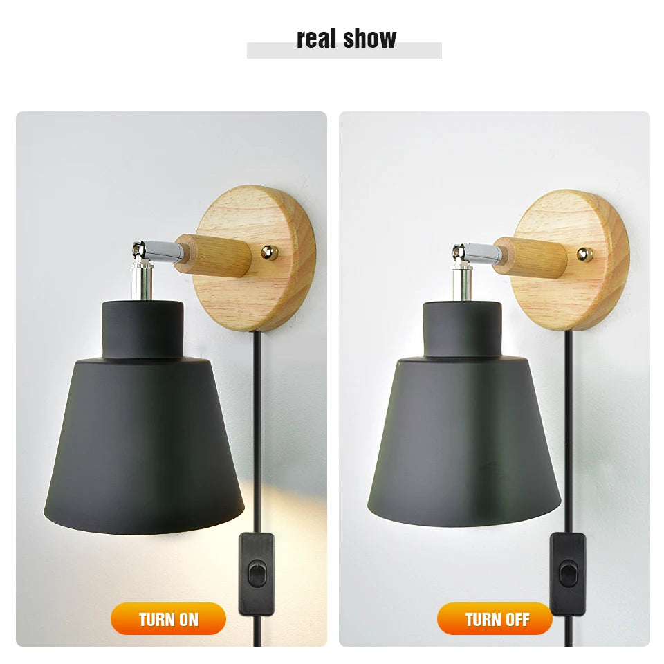 Nordic Wall Light Indoor DIY E27 Wooden 6 Colors EU/UL Plug 350° Wall Lamps for Living Room Bedroom Aisle Sconce Fixtures