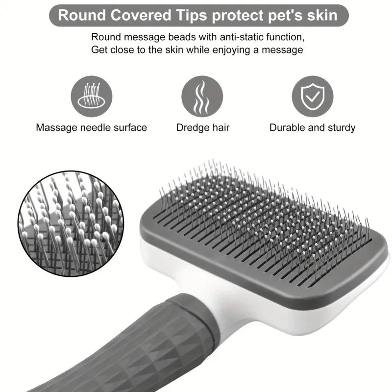 Ergonomic Handle Self Cleaning Pet Brush Round Tip Needles Massage for Dogs Cats 20cm