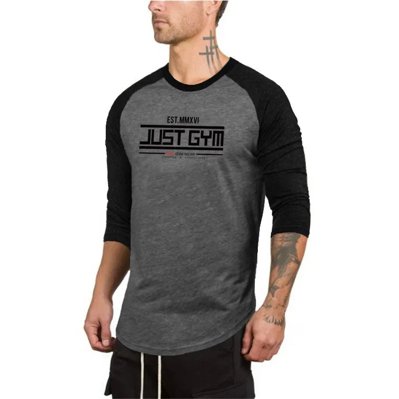 Men Slim Fit Sport Casual Sport T-shirts Gym Fitness Muscle Three Quarter Shirts Autumn Breathable Cotton Bodybuilding Clothing