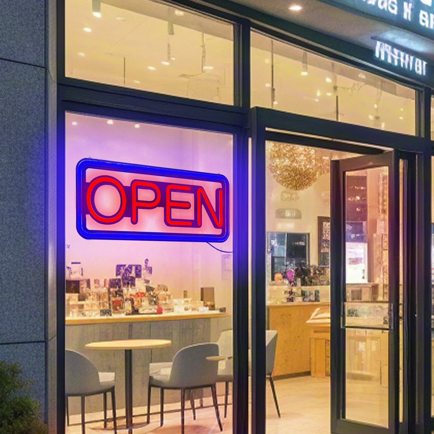 LED neon lights, store business signs, blue flashing lights, OPEN signs for shops and bars