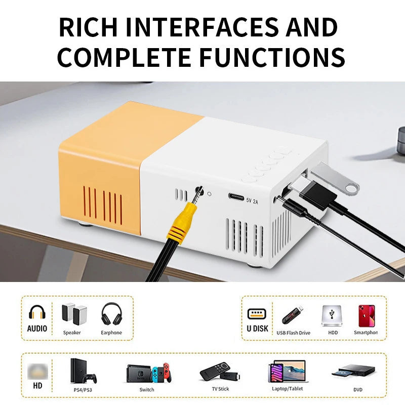 Portable mini projector, supports wired screen mirroring, support full HD 1080p, outdoor and indoor use, easily portable.