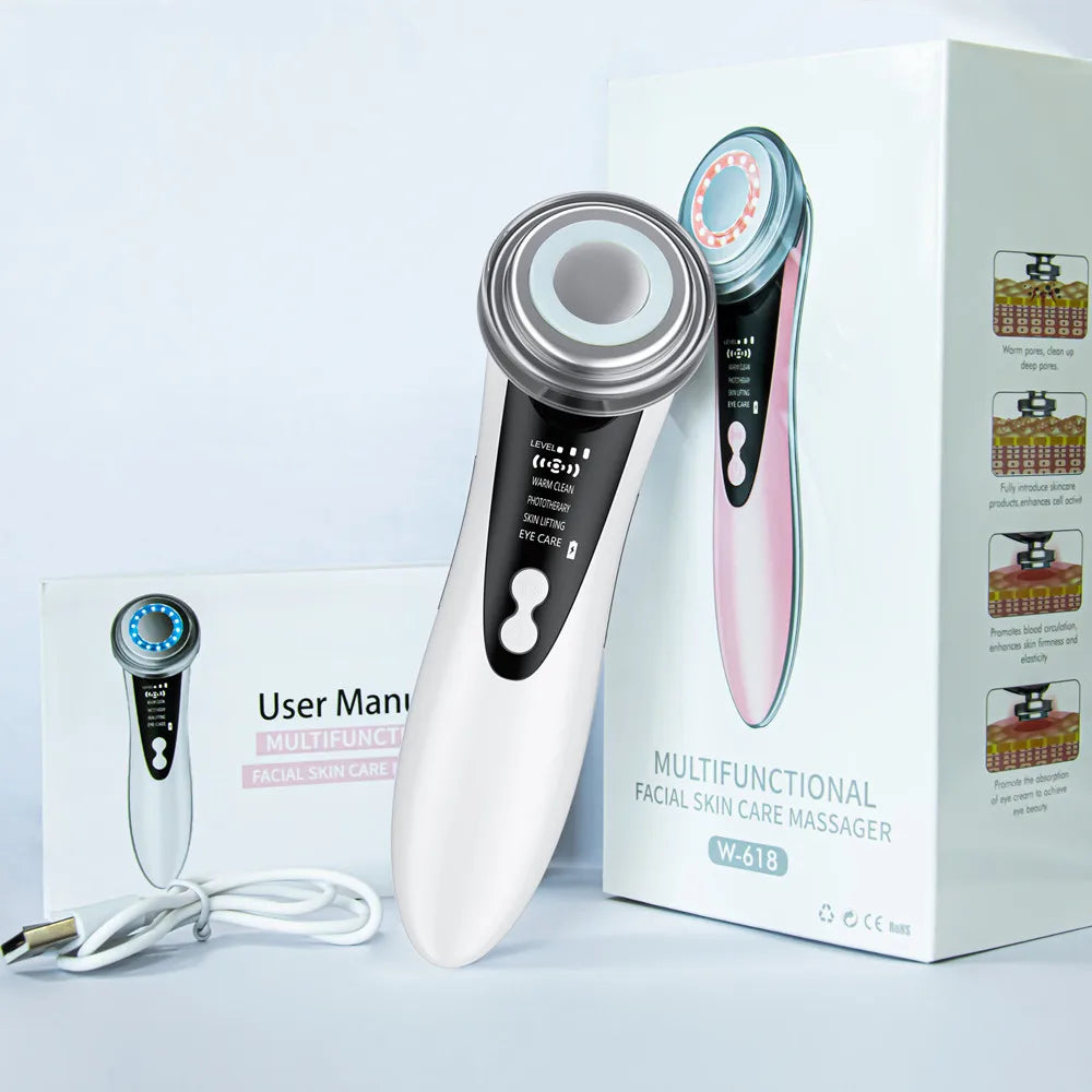 5 in 1 Warming and Cooling Microcurrent Facial Device Red Blue Light Photon Face Neck Massager Kit for Beauty Skin Care at Home