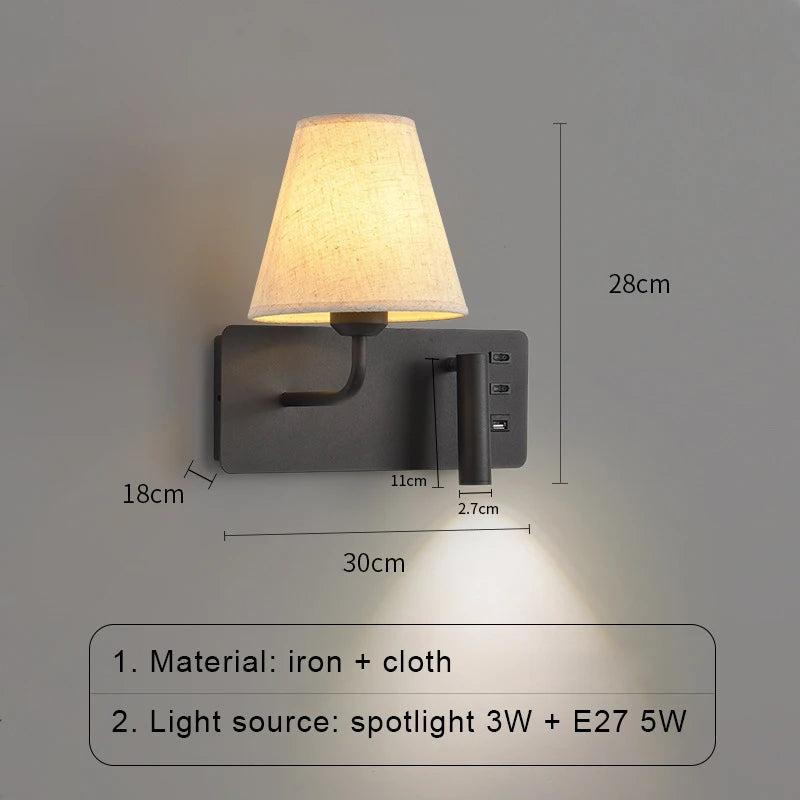 Nordic LED Wall Lamp Modern with Switch USB Wall Light Indoor Light Room Decor Reading Sconces For Hotel Bedside Bedroom Fixture