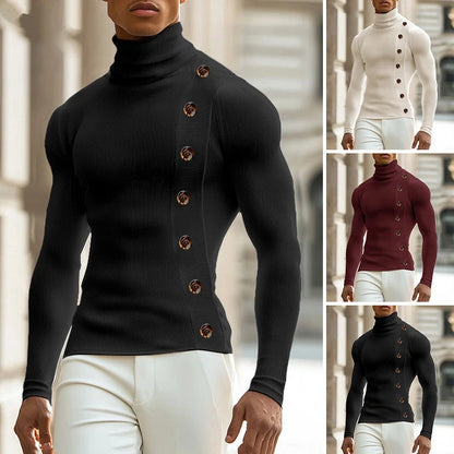 Stretch Slim Fit Bottoming T Shirts Mens Spring Trendy Irregular Button Design T-shirts Fashion Solid Color Men Turtleneck Tees