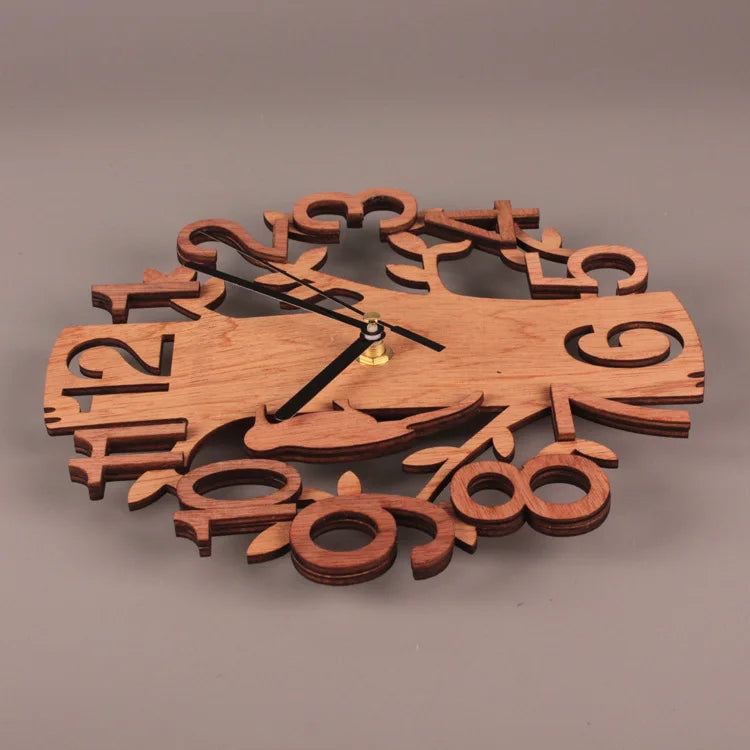 3D Wall Clock 23cm Dia Creative  Tree Shaped with Bird Wooden Wall Clock Home Kitchen Office Decoration Number Silent Clock