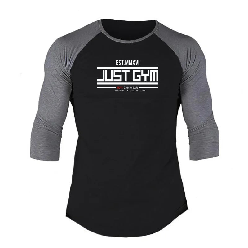Men Slim Fit Sport Casual Sport T-shirts Gym Fitness Muscle Three Quarter Shirts Autumn Breathable Cotton Bodybuilding Clothing