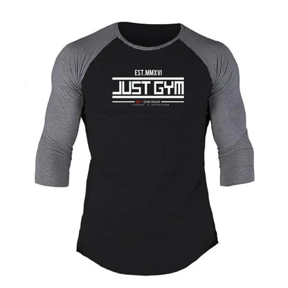 Men Slim Fit Sport Casual Sport T-shirts Gym Fitness Muscle Three Quarter Shirts Autumn Breathable Cotton Bodybuilding Clothing