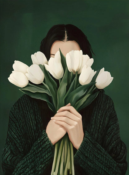 Canvas Wall Art Woman with Flower Portrait Painting Print for Bedroom Nordic Girl Home Decor Abstract Minimalism Poster