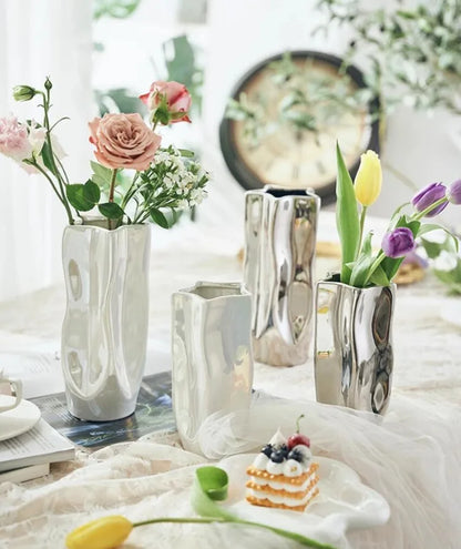 Ceramic Vase Luxury Electroplated Silver Flower Arrangement Irregular Porcelain Hydroponic Vase Ornament Interior Art Decoration