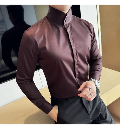 Mens Slim Fit Stand Shirt Fashion High collar Shirts Men Spring Autumn Solid Color Long Sleeve Korean Style Smart Casual Shirts
