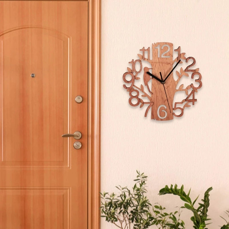 3D Wall Clock 23cm Dia Creative  Tree Shaped with Bird Wooden Wall Clock Home Kitchen Office Decoration Number Silent Clock