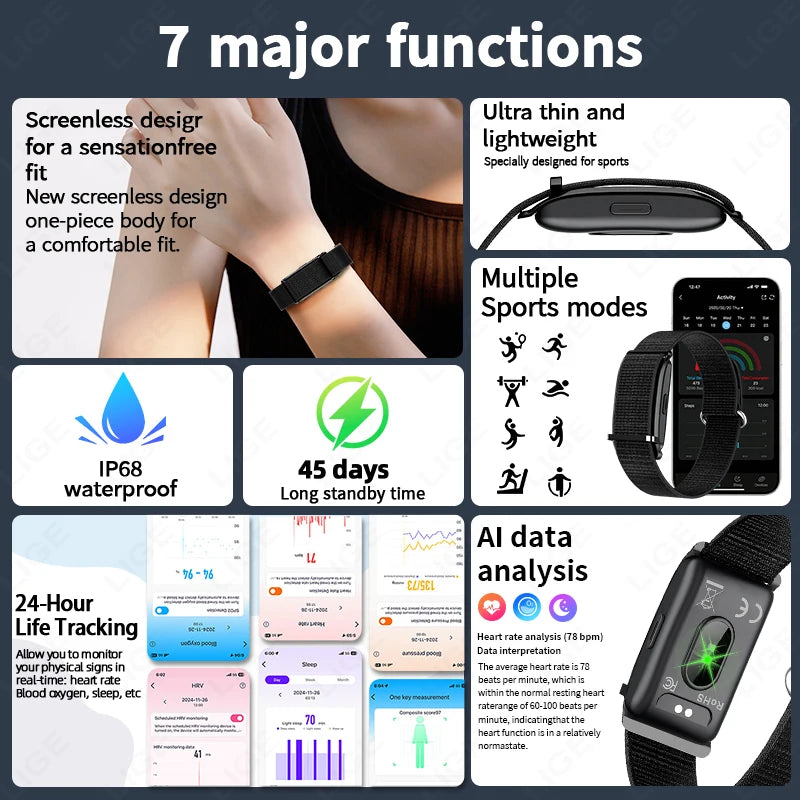 2026 Fitness Tracker Smart Bracelet Pedometer No Screen Breathable Sport Wristband Call Reminder Heart Rate Monitor Smartwatch