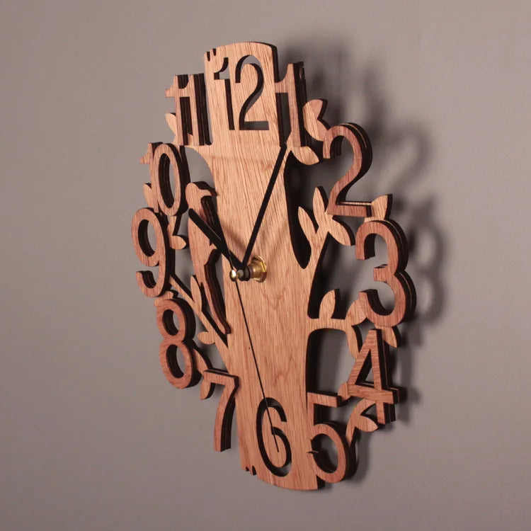 3D Wall Clock 23cm Dia Creative  Tree Shaped with Bird Wooden Wall Clock Home Kitchen Office Decoration Number Silent Clock