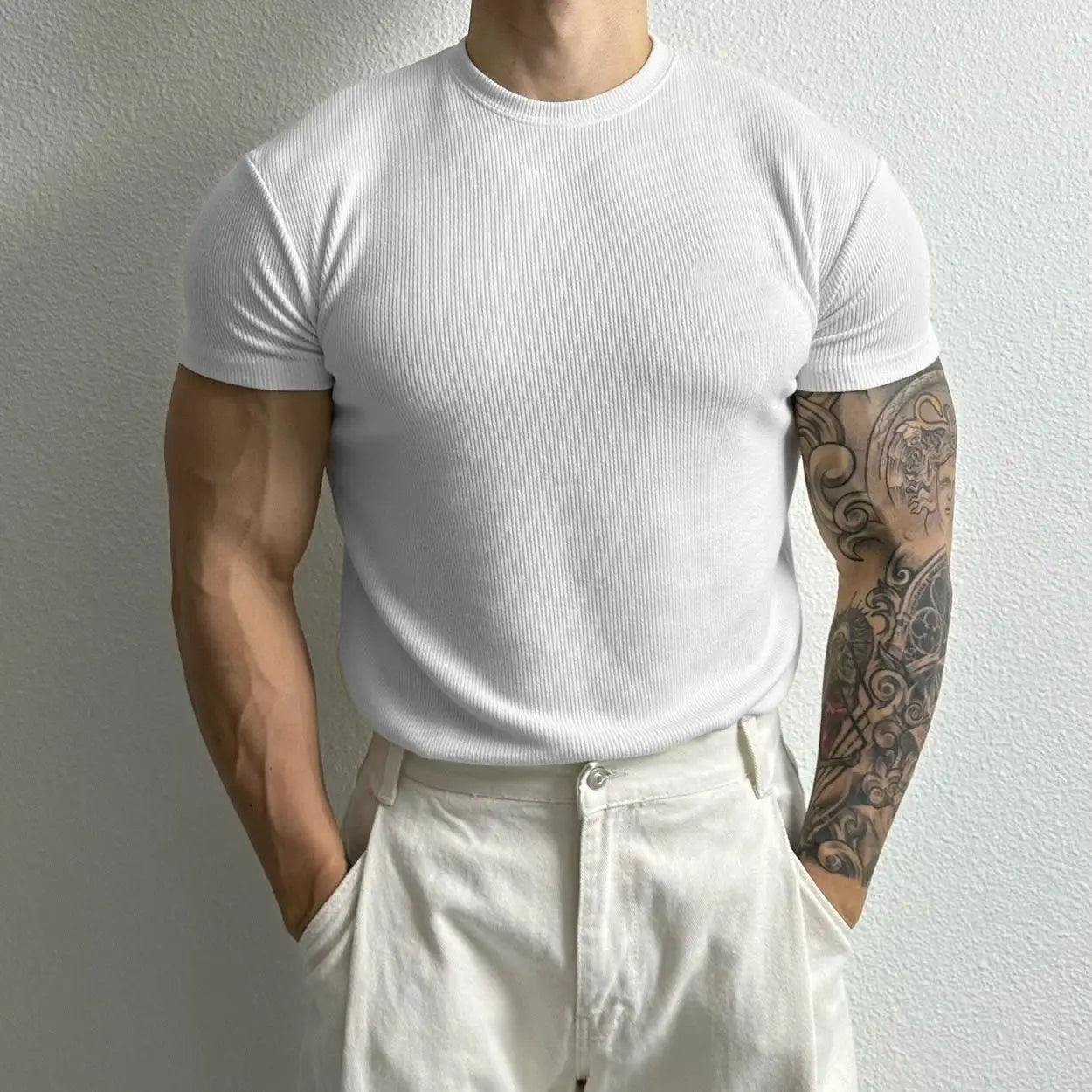 Summer Men Short Sleeve Slim Fitness T-Shirts Streetwear Fashion Solid Versatile Casual Sports Training Sweat Black Knitted Tops