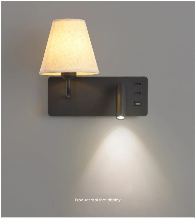 Nordic LED Wall Lamp Modern with Switch USB Wall Light Indoor Light Room Decor Reading Sconces For Hotel Bedside Bedroom Fixture