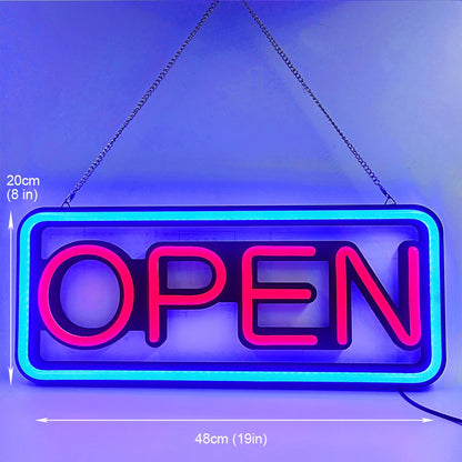 LED neon lights, store business signs, blue flashing lights, OPEN signs for shops and bars