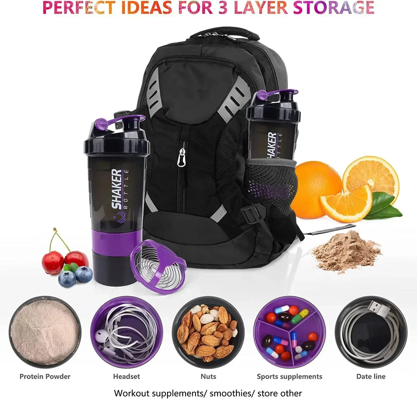 500ml Layered Protein Bottle Powder Shaker with Powder Storage Container Large Water Bottle Water Bottle with Wire Stirring Ball