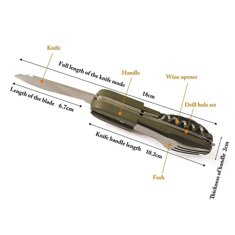Stainless Steel 7 in 1 Camping Cutlery Set - Foldable Multifunctional Outdoor Tableware with Fork Spoon Knife for Picnic Hiking