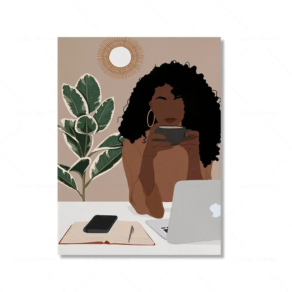 Wall Art Canvas Painting Fashion Black Girl African Woman Reading Posters Coffee Prints Home Wall Picture Living Room Decorat