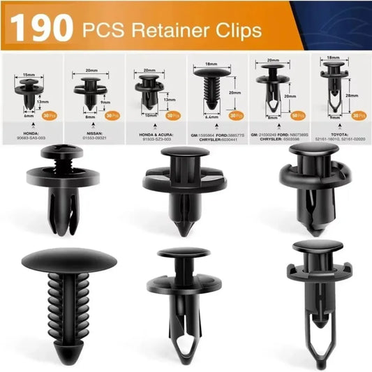 190pcs Mixed Automotive Retaining Clips – 6 Types Push Fasteners for Bumper and Trim Repair