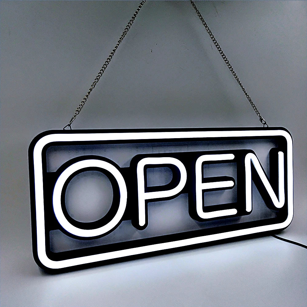 LED neon lights, store business signs, blue flashing lights, OPEN signs for shops and bars