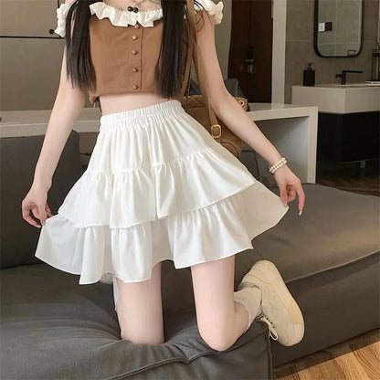 Summer Kawaii Mini A-line Skirt Adorable Flirty High Waist Ruffle Patchwork Lolita Ball Gown Y2K Korean Sweet Women's Clothing