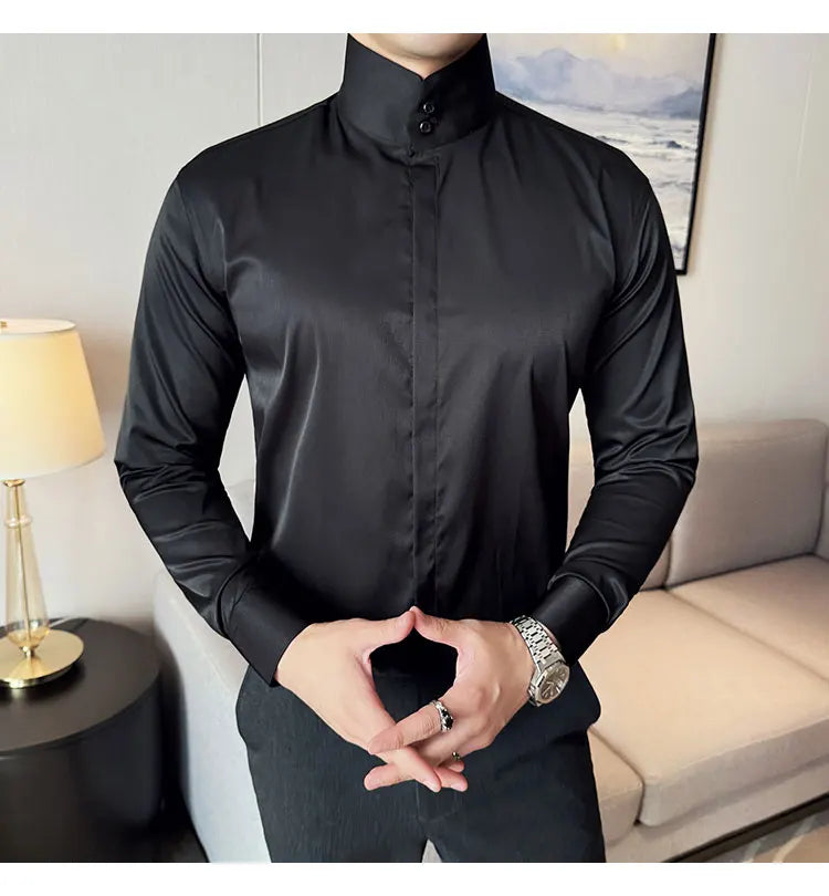 Mens Slim Fit Stand Shirt Fashion High collar Shirts Men Spring Autumn Solid Color Long Sleeve Korean Style Smart Casual Shirts
