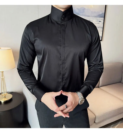 Mens Slim Fit Stand Shirt Fashion High collar Shirts Men Spring Autumn Solid Color Long Sleeve Korean Style Smart Casual Shirts