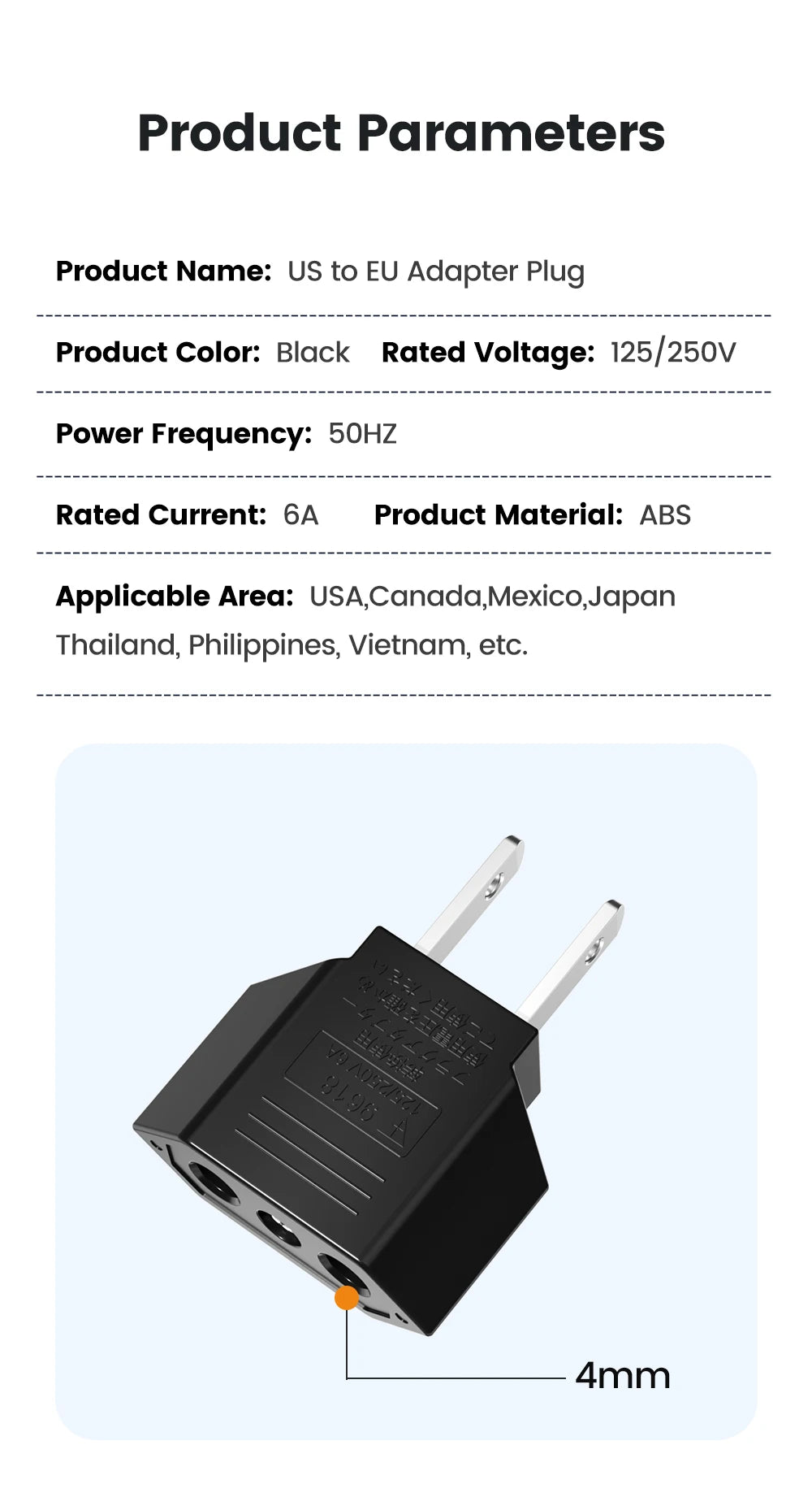 Elough 4.0mm US To EU Converter Plugs European EU To US America Travel Plug Adapter US to EU Power Adapter Electrical Plug