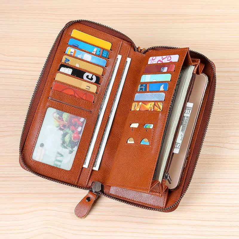 Men's leather wallet long new soft cowhide handbag travel light luxury simple large capacity anti-theft brush gradient color yel