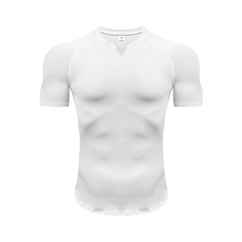 Mens Running T-shirts Solid Slim Fit V-neck Fitness T Shirt Tight Gym Clothing Bodybuilding Workout Quick Dry Training Tee Shirt
